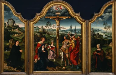 Triptych- Korsfestelsen flankert av knelende giver og hans kone